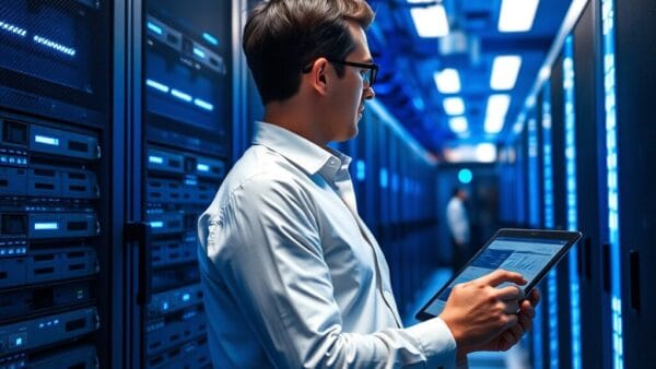 Ingénieur dans un datacenter moderne consultant un tableau de bord d'agents IA
