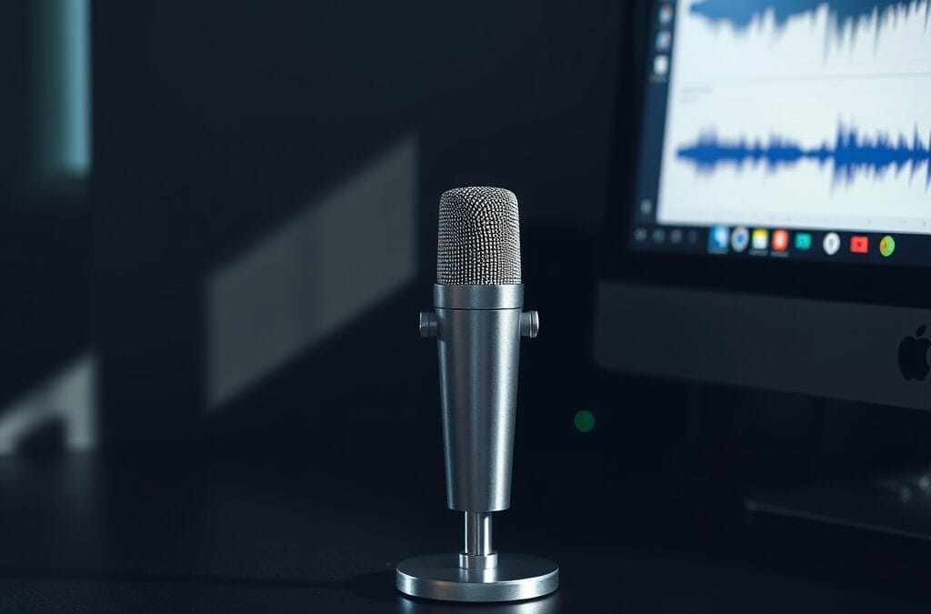Microphone professionnel sur un bureau avec écran affichant des formes d'ondes audio