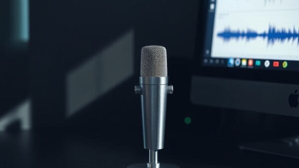 Microphone professionnel sur un bureau avec écran affichant des formes d'ondes audio