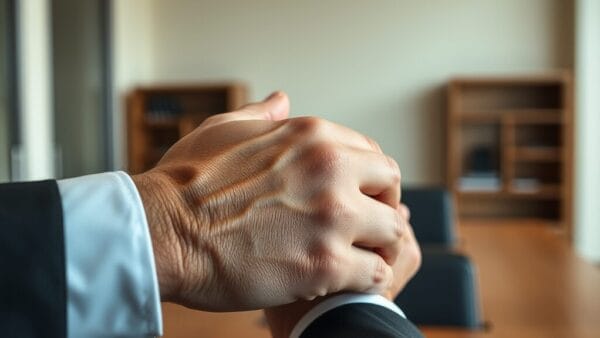 Poignée de main entre deux dirigeants en costume sombre dans un bureau corporate