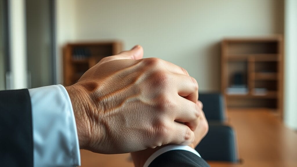 Poignée de main entre deux dirigeants en costume sombre dans un bureau corporate
