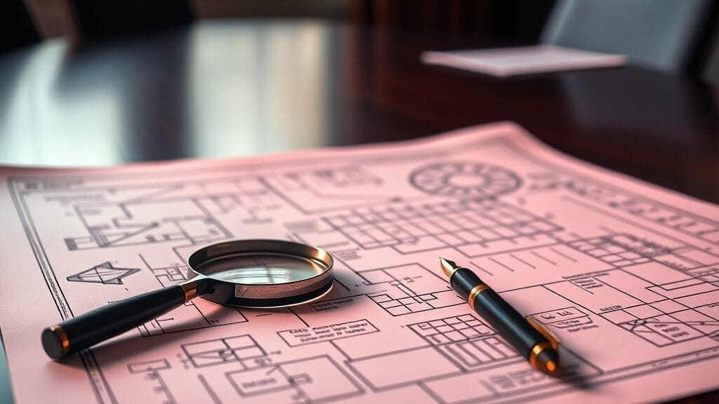 Plan architectural avec loupe et stylo plume sur table en bois sombre