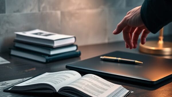 Main d'un juriste devant un ordinateur portable posé sur un bureau en bois sombre, à côté d'un livre de droit ouvert.