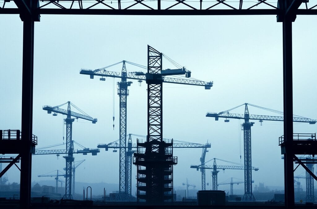 Chantier de construction d'un data center avec grues et structures métalliques