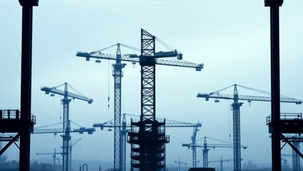 Chantier de construction d'un data center avec grues et structures métalliques