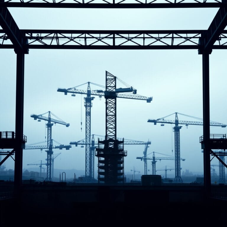 Chantier de construction d'un data center avec grues et structures métalliques