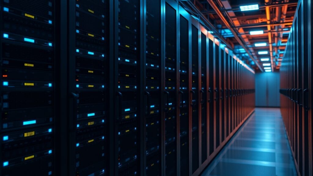 Salle de serveurs d'un datacenter IA avec rangées de baies éclairées en bleu et blanc, évoquant une infrastructure industrielle française