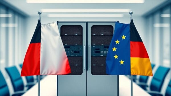Drapeaux français et allemand encadrant un rack de serveur représentant le partenariat IA souveraine
