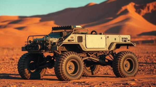 Rover scientifique sur un sol rouge ocre evoquant la mission Mars