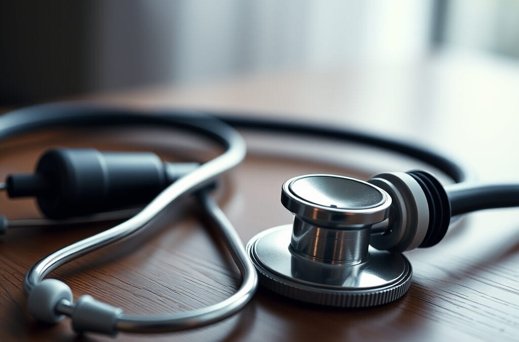 Stéthoscope et microphone côte à côte symbolisant la convergence entre médecine et IA vocale