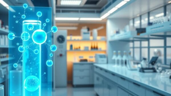 Laboratoire pharmaceutique Novo Nordisk avec visualisation moléculaire IA holographique