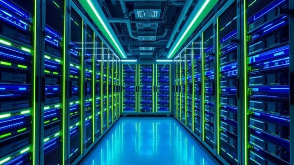 Data center futuriste avec racks GPU Nvidia B300 Blackwell Ultra et refroidissement liquide