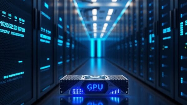 Salle de data center avec racks de GPU Nvidia Blackwell illuminés en bleu