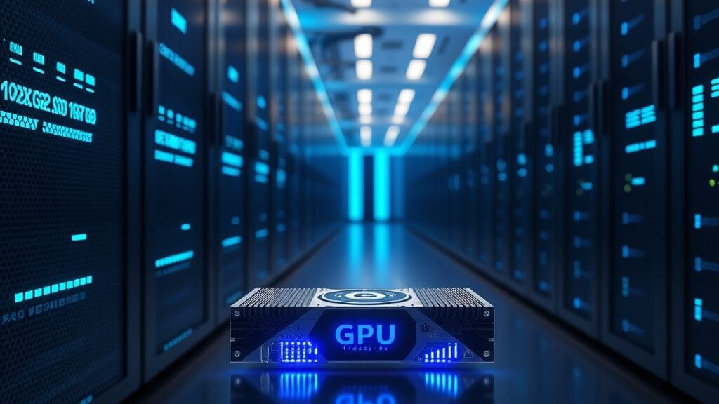 Salle de data center avec racks de GPU Nvidia Blackwell illuminés en bleu