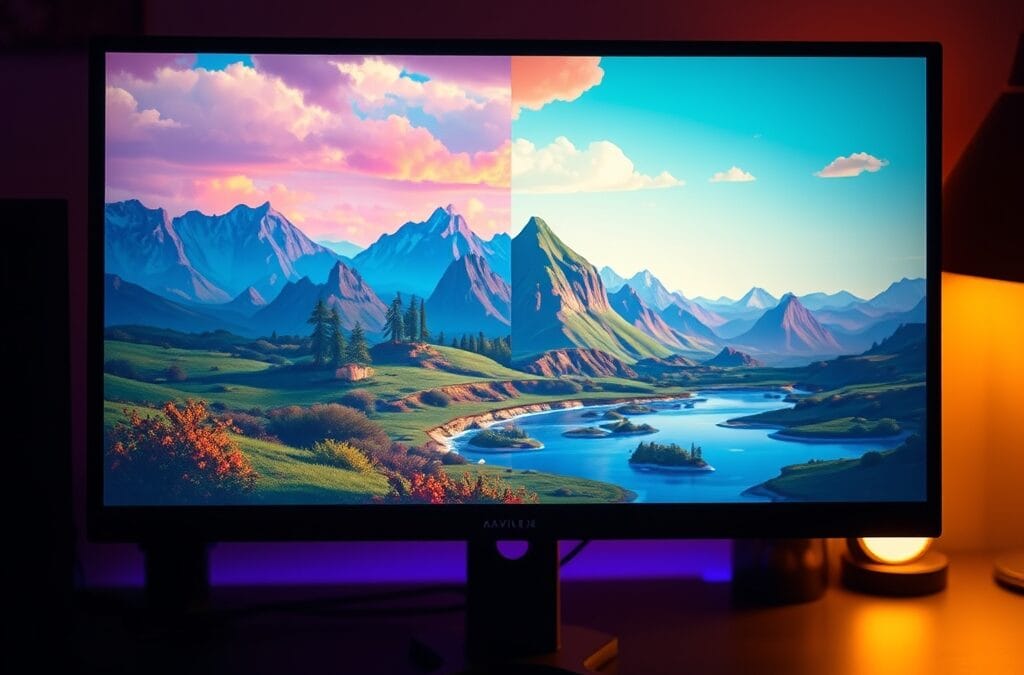 Moniteur gaming avec écran partagé entre pixel art et rendu photoréaliste