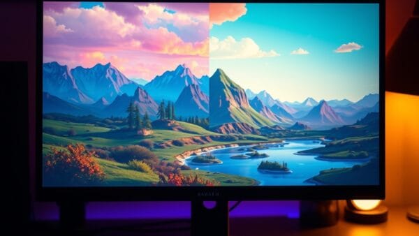 Moniteur gaming avec écran partagé entre pixel art et rendu photoréaliste