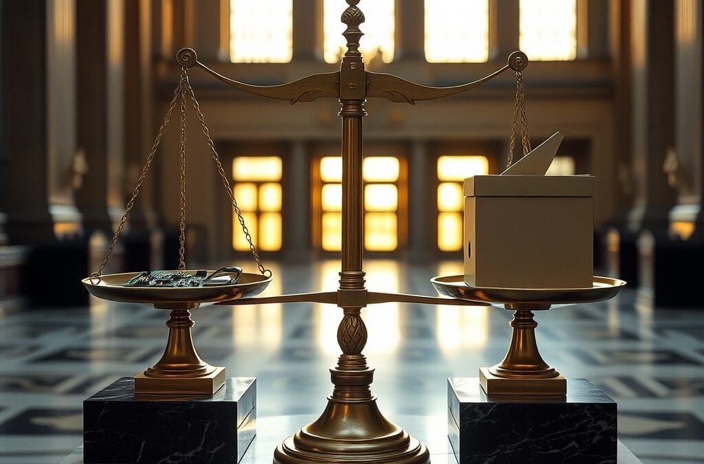 Balance en bronze avec circuit imprimé et urne de vote en équilibre