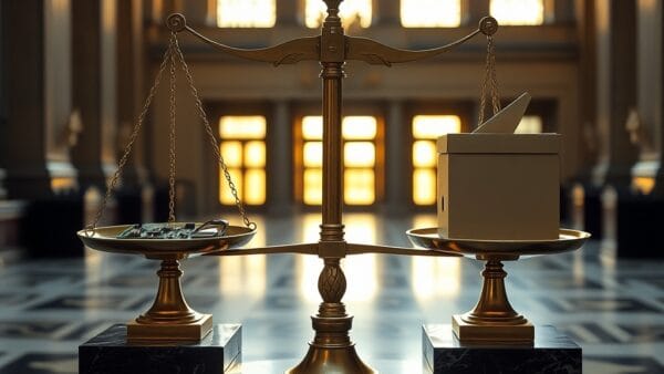 Balance en bronze avec circuit imprimé et urne de vote en équilibre