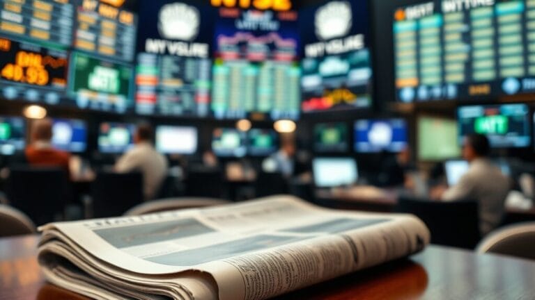 Bureau de trader avec journal financier plié et pen, lumière du matin