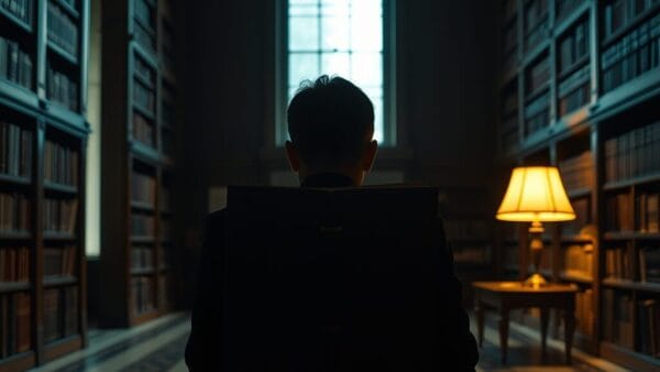 Silhouette de dos d'une personne assise dans une bibliothèque feutrée, mains posées près d'un grimoire fermé.