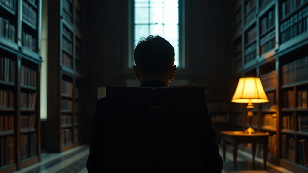 Silhouette de dos d'une personne assise dans une bibliothèque feutrée, mains posées près d'un grimoire fermé.