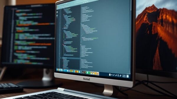 Poste de travail de développeur avec MacBook Pro et second écran affichant une maquette générée, éclairage chaud naturel