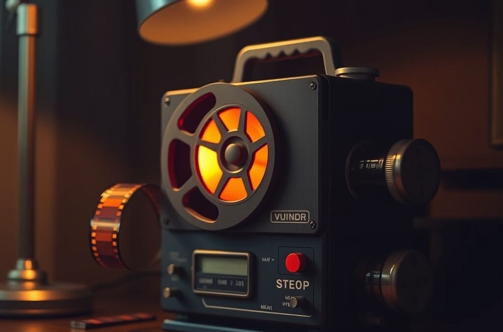 Projecteur de film vintage avec bouton stop rouge sur bureau sombre