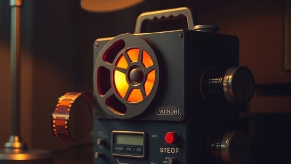 Projecteur de film vintage avec bouton stop rouge sur bureau sombre