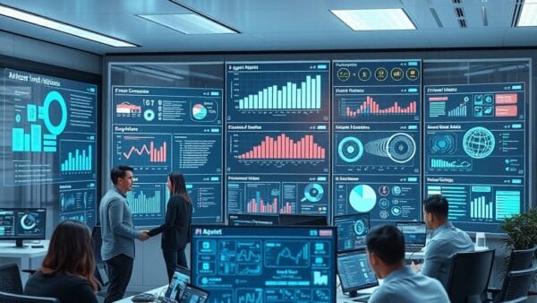 Bureau moderne avec tableaux de bord holographiques d'agents OpenAI Frontier