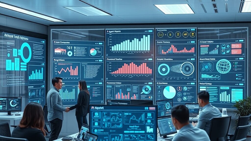 Bureau moderne avec tableaux de bord holographiques d'agents OpenAI Frontier