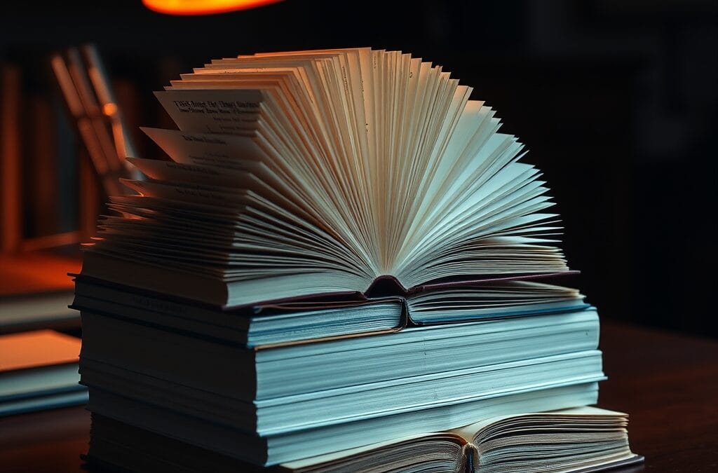 Pile de livres ouverts sur un bureau en acajou sous une lampe de lecture chaude