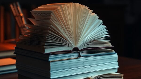 Pile de livres ouverts sur un bureau en acajou sous une lampe de lecture chaude