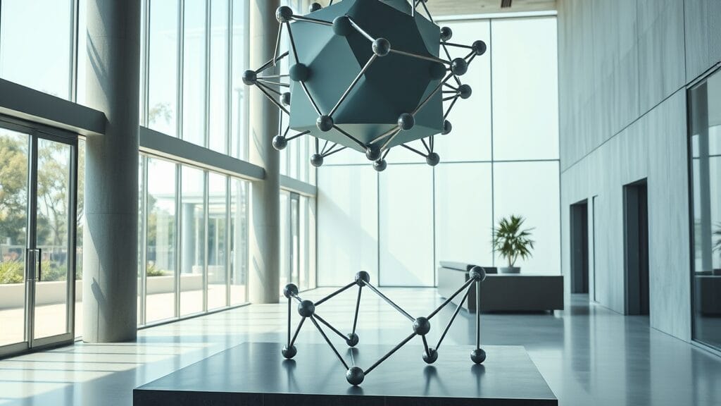 Hall d'entreprise IA contemporain avec sculpture abstraite et lumière naturelle