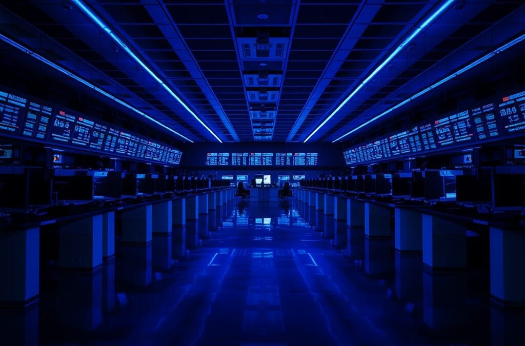 Salle de marché vide après les heures de trading avec éclairage bleu ambiant