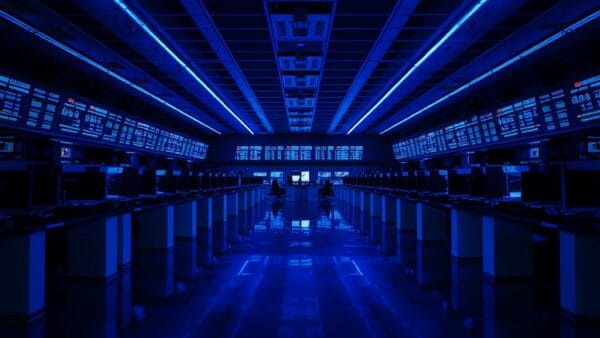 Salle de marché vide après les heures de trading avec éclairage bleu ambiant