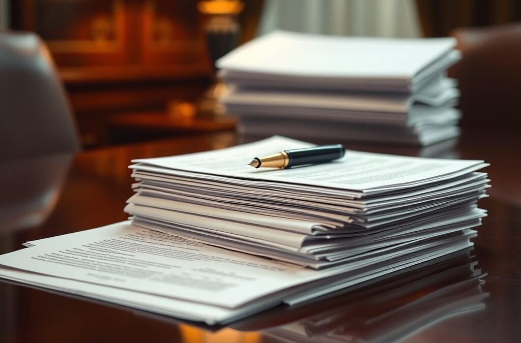 Documents financiers et contrats empilés sur une table de conférence avec un stylo plume