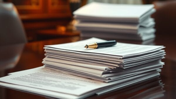 Documents financiers et contrats empilés sur une table de conférence avec un stylo plume