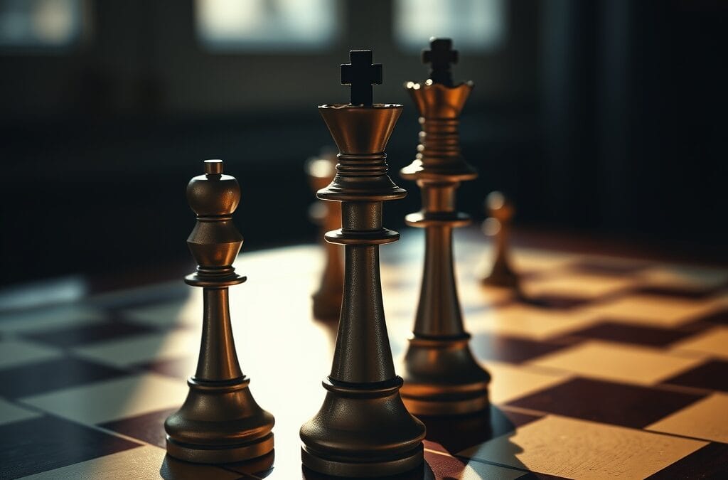 Deux reines d'échecs face à face sur un échiquier en bois poli