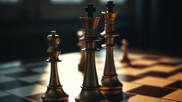 Deux reines d'échecs face à face sur un échiquier en bois poli