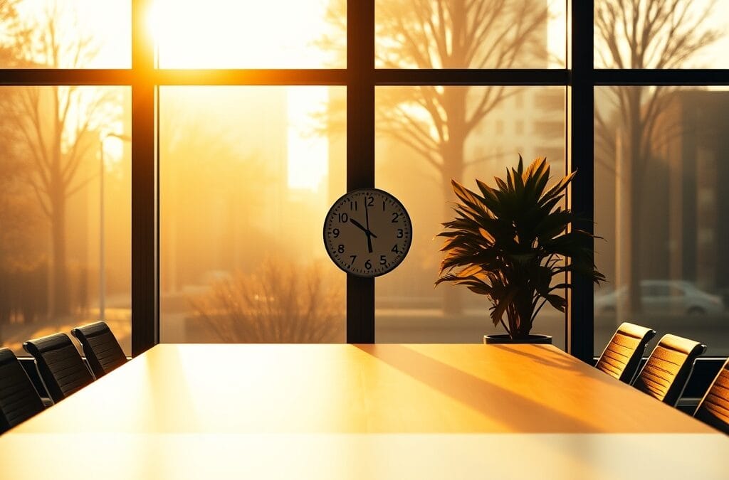 Bureau moderne vide avec horloge murale et lumière dorée d'après-midi