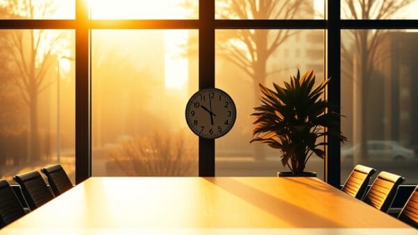 Bureau moderne vide avec horloge murale et lumière dorée d'après-midi