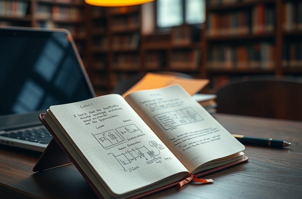 Carnet ouvert avec notes manuscrites à côté d'un laptop dans une bibliothèque universitaire