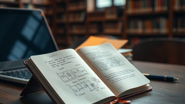Carnet ouvert avec notes manuscrites à côté d'un laptop dans une bibliothèque universitaire