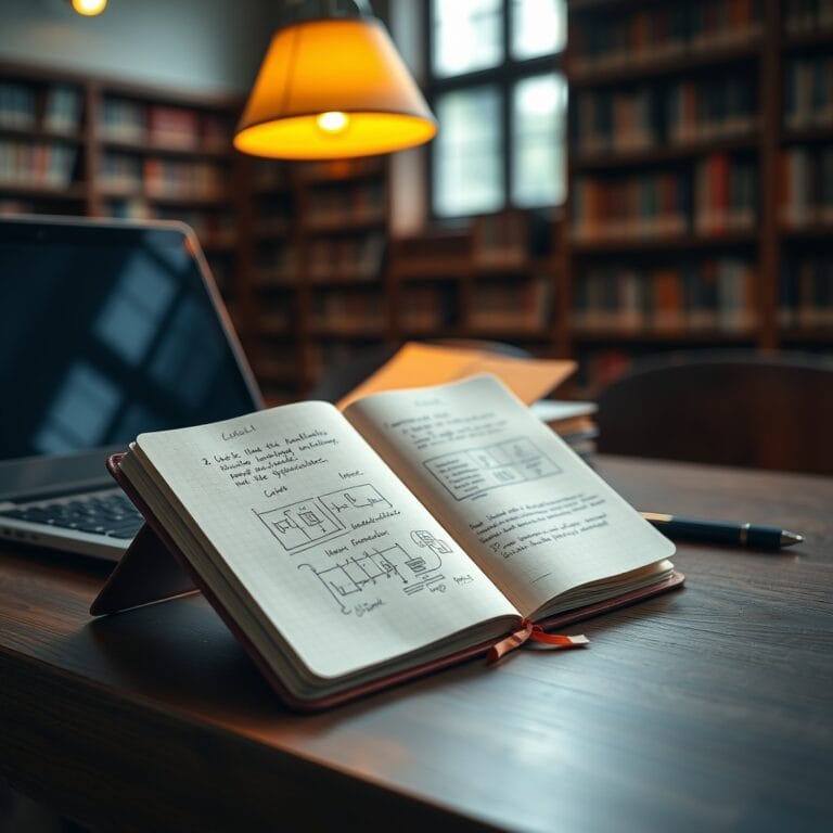 Carnet ouvert avec notes manuscrites à côté d'un laptop dans une bibliothèque universitaire