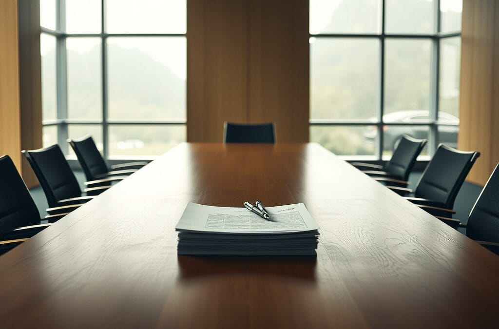 Salle de réunion vide avec documents sur une longue table en bois
