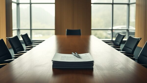 Salle de réunion vide avec documents sur une longue table en bois