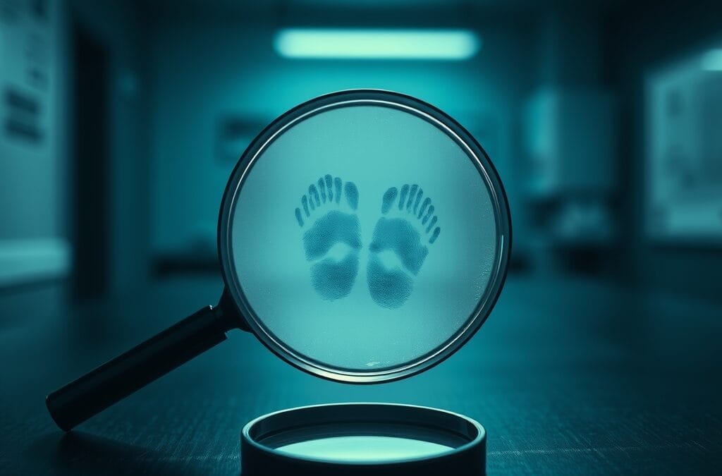 Loupe posée sur une table en bois sombre révélant des empreintes digitales sur une surface vitrée