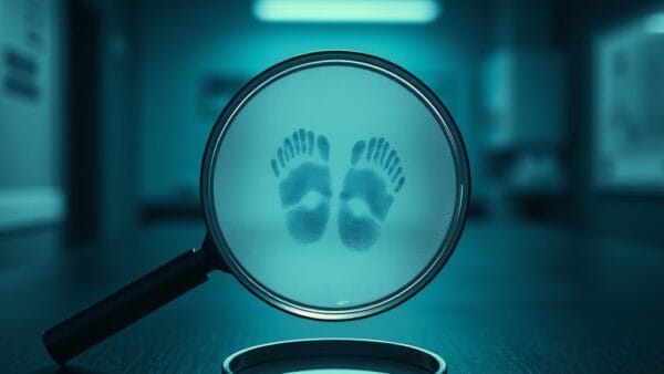 Loupe posée sur une table en bois sombre révélant des empreintes digitales sur une surface vitrée