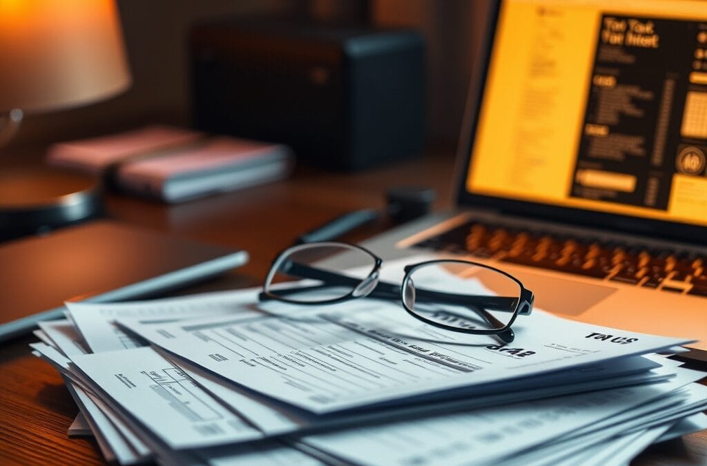 Bureau avec formulaires fiscaux et ordinateur portable illustrant l'agent IA Perplexity Computer for Taxes
