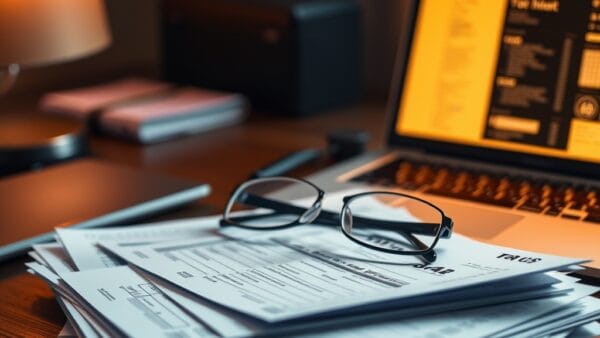 Bureau avec formulaires fiscaux et ordinateur portable illustrant l'agent IA Perplexity Computer for Taxes